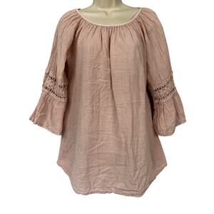 Saga 100% Linen Top Womens Medium Blush Pink Crochet Lace Boho Peasant Italy